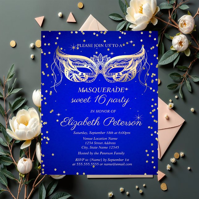 Postal De Invitación Masquerade Gold Diamonds Royal Blue Dulces 16  (Subido por el creador)
