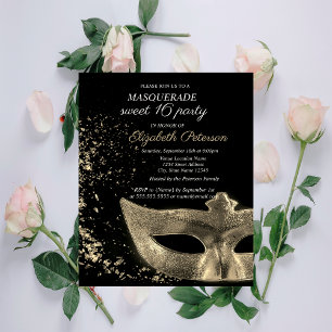 Postal De Invitación Masquerade Gold Masque Black Dulces 16