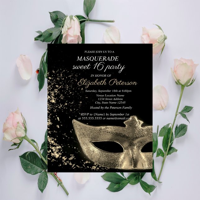 Postal De Invitación Masquerade Gold Masque Black Dulces 16 (Subido por el creador)