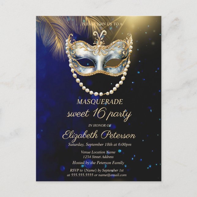 Postal De Invitación Masquerade Masque Hojas de Oro Dulces 16 (Anverso)