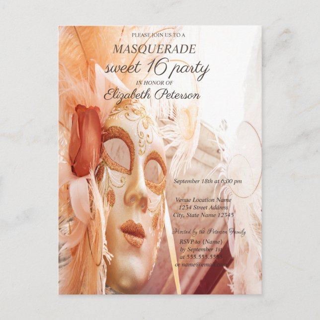 Postal De Invitación Masquerade Moda Masque Sweet 16 I (Anverso)