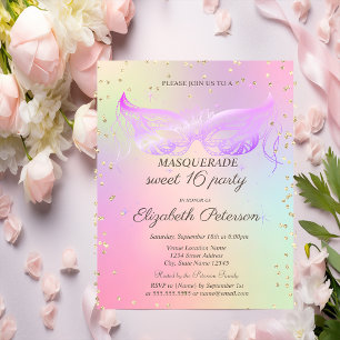 Postal De Invitación Masquerade Oro Diamantes Holográfico Cumpleaños Du
