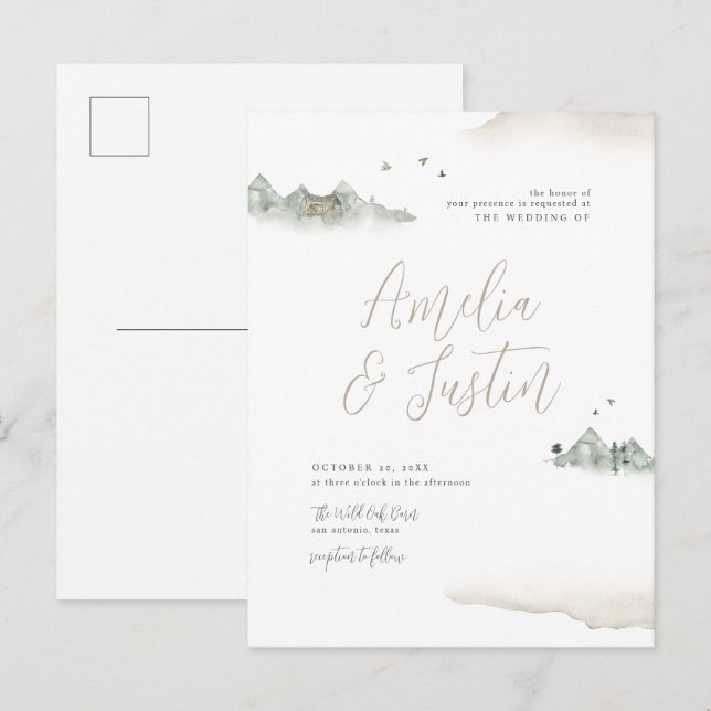 Postal De Invitación Matrimonio de destino de la montaña acuarela Tan (Anverso / Reverso)