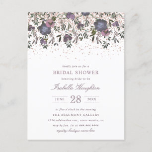 Postal De Invitación Mauve Blossom & Rosa Gold Confetti Bridal Shower