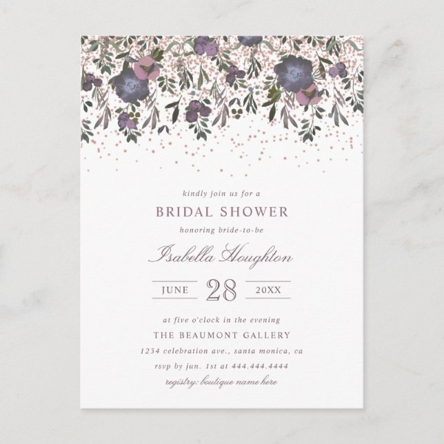 Postal De Invitación Mauve Blossom & Rosa Gold Confetti Bridal Shower (Anverso)