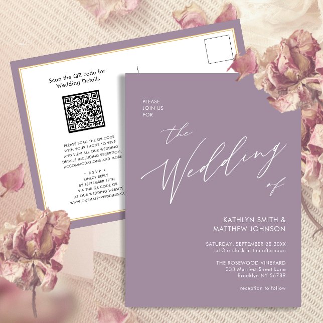 Postal De Invitación Mauve QR Code Todo En Un Boda De Guión Moderno (Subido por el creador)