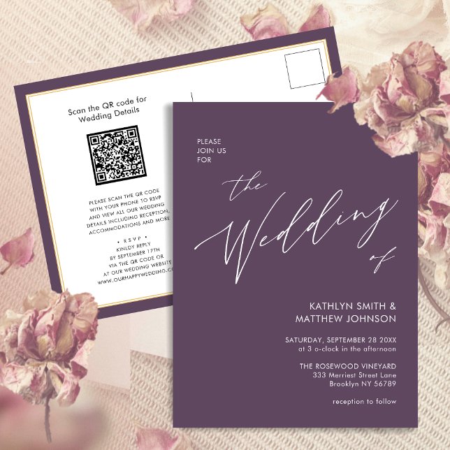 Postal De Invitación Mauve QR Code Todo En Un Boda De Guión Moderno (Subido por el creador)