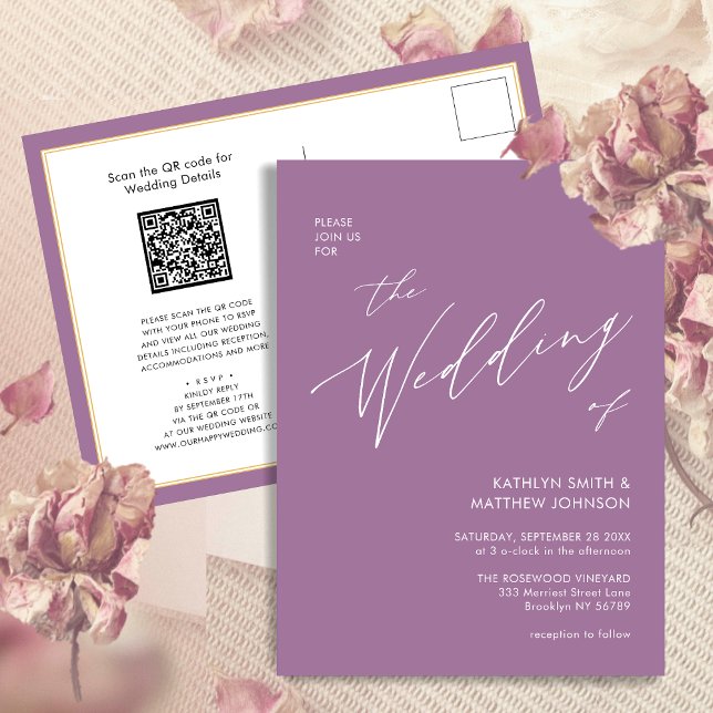 Postal De Invitación Mauve QR Code Todo En Un Boda De Guión Moderno (Subido por el creador)
