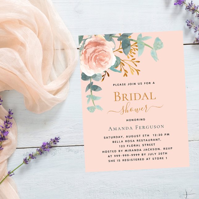 Postal De Invitación Melocotón de Rosa dorado Ducha de novia (Subido por el creador)