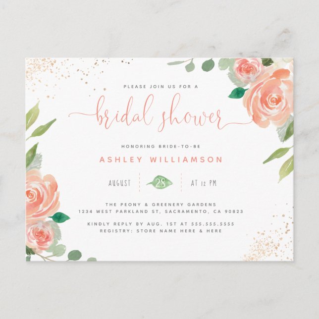 Postal De Invitación Melodía de moda Peonies Eucalyptus Ducha de novias (Anverso)