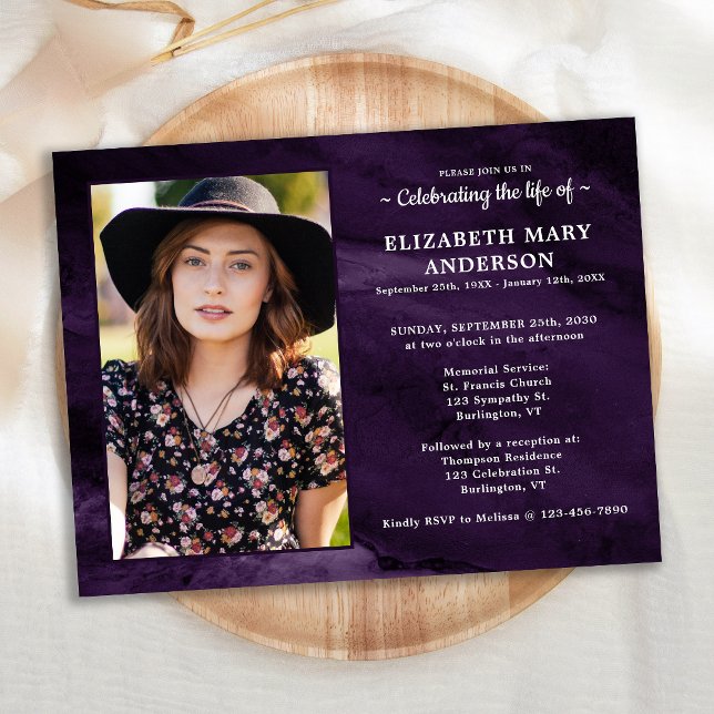 Postal De Invitación Memorial Funeral Morple Marble Celebración Vida (Subido por el creador)