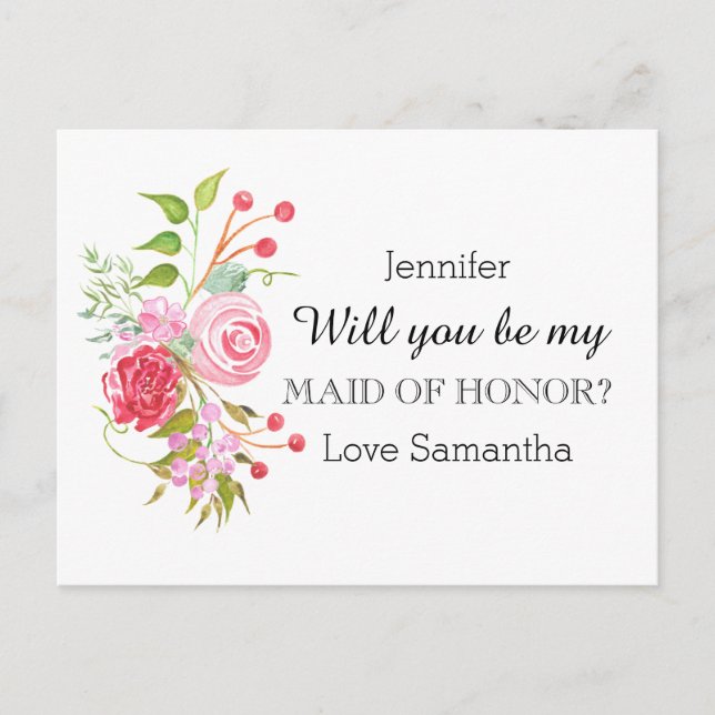Postal De Invitación mezcla de flores Rosa | Maid of Honor (Anverso)