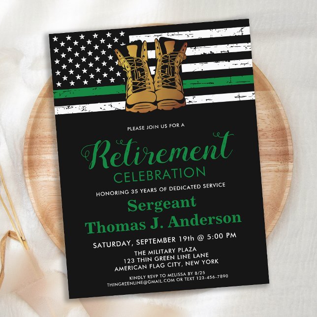 Postal De Invitación Military Thin Green Line Flag Retirement Party  (Subido por el creador)