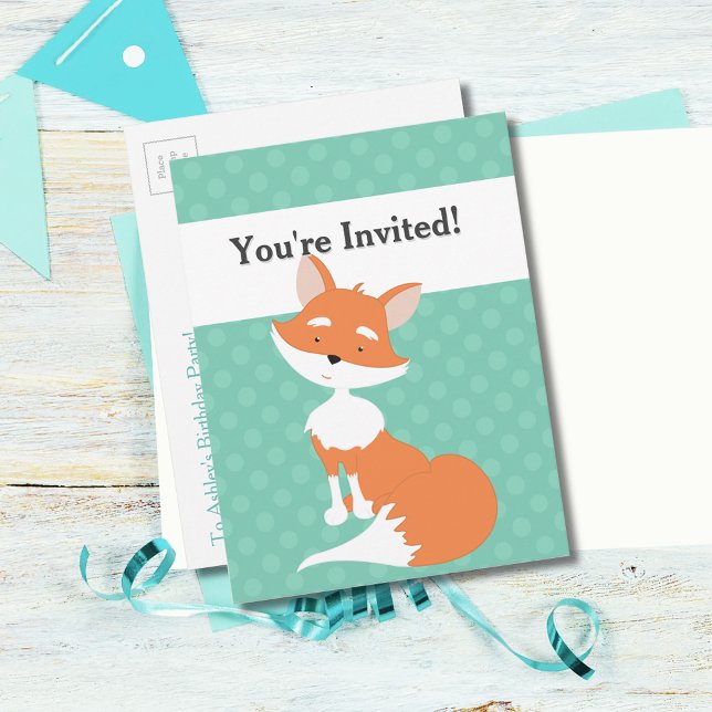 Postal De Invitación Mint Green Polka-Dots・Woodland Fox Personalizado (Subido por el creador)