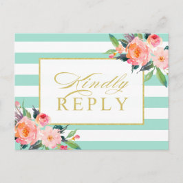Postal De Invitación Mint Green Stripes Floral Gold Wedding RSVP