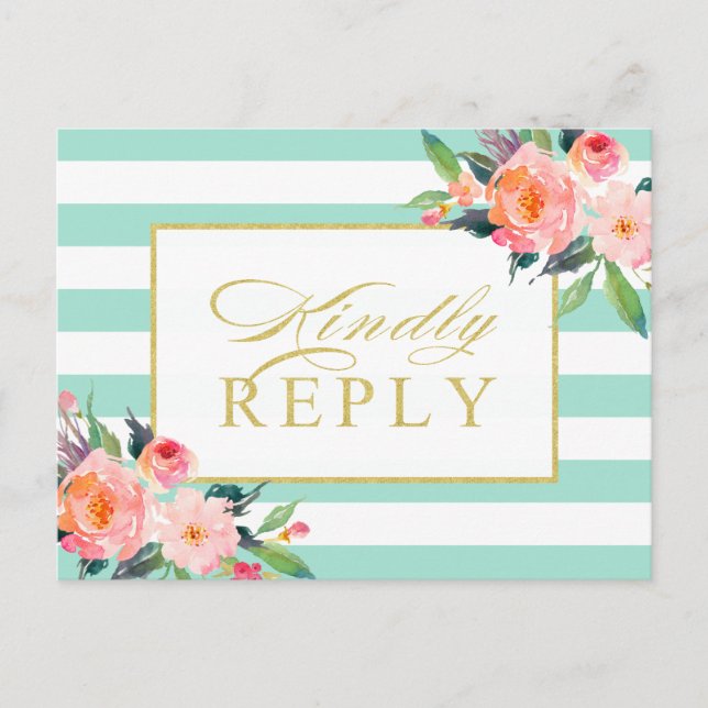 Postal De Invitación Mint Green Stripes Floral Gold Wedding RSVP (Anverso)