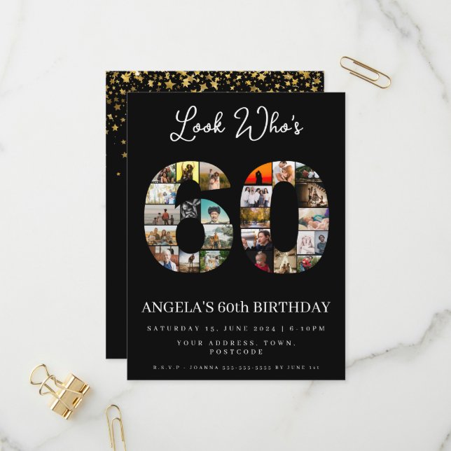Postal De Invitación Mira quién es el 60 feliz cumpleaños. (Anverso/Reverso In Situ)
