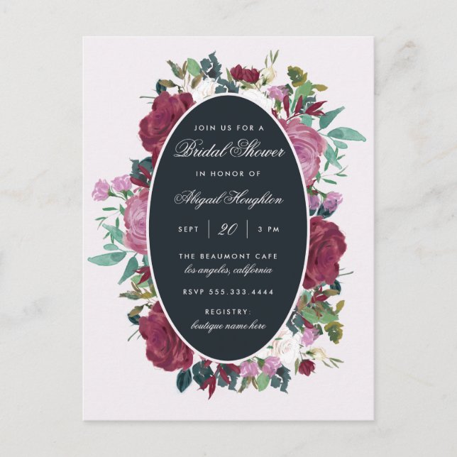 Postal De Invitación Moda acuarela Borgoña Floral Bridal Shower (Anverso)