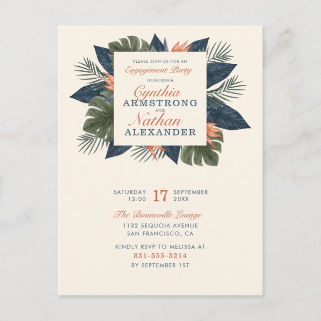 Postal De Invitación Moda Azul Tropical deja partido único de compromis (Anverso)