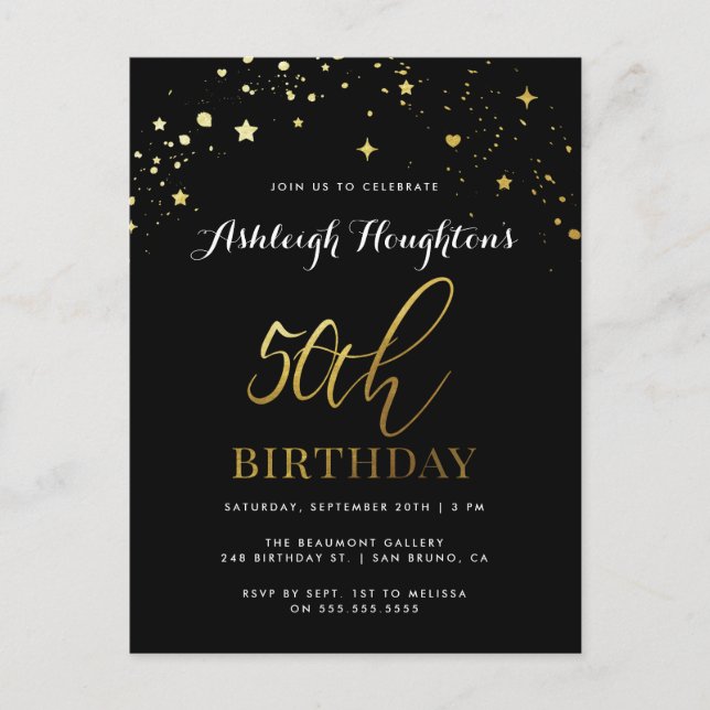Postal De Invitación Moda Black & Gold Star Confetti 50 cumpleaños (Anverso)