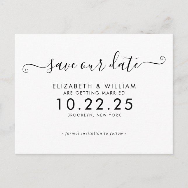 Postal De Invitación Moda Boda de caligrafía blanca negra salva la fech (Anverso)