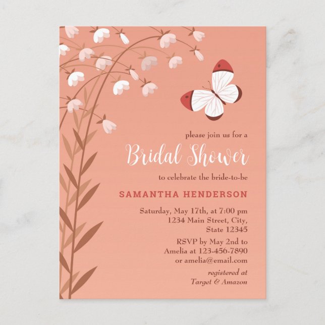 Postal De Invitación Moda Boho Mariposa Floral Elegante Ducha Nupcial (Anverso)