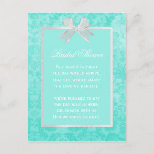 Postal De Invitación Moda Bridal Shower Aqua Damask Girly White Bow