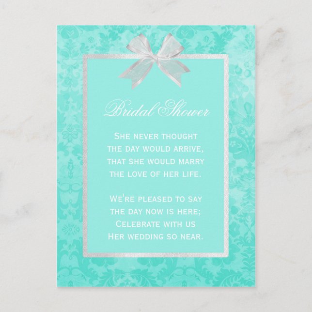 Postal De Invitación Moda Bridal Shower Aqua Damask Girly White Bow (Anverso)