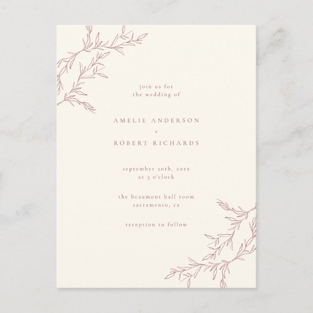 Postal De Invitación Moda Crema Mínima y Boda de follaje rojo silencios (Anverso)
