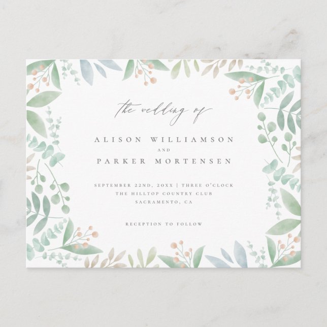 Postal De Invitación Moda Eucalipto suave, Boda de hojas y vegetación (Anverso)
