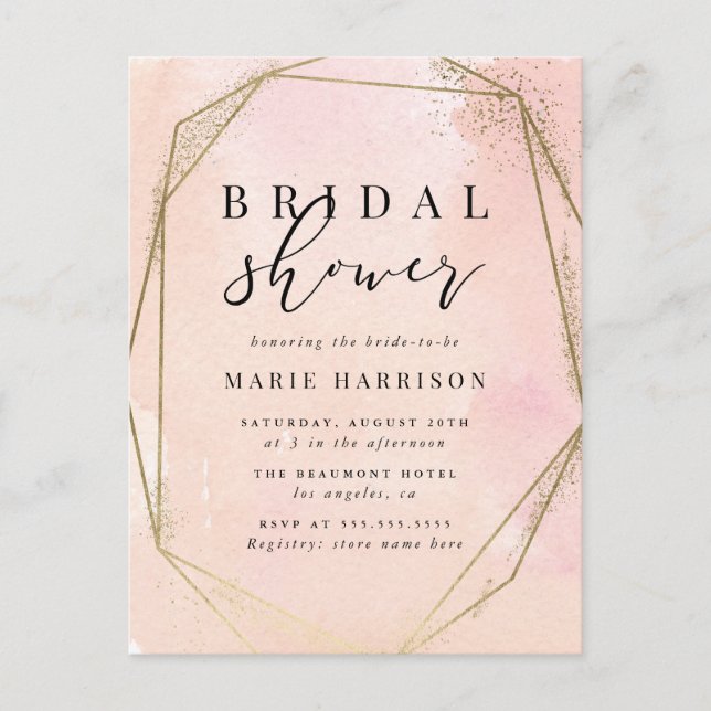 Postal De Invitación Moda Oro Geométrico Rubor Pink Bridal Shower (Anverso)