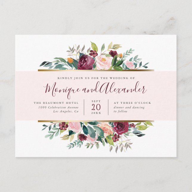 Postal De Invitación Moda Pastel Banda rosa Flores acuáticas Boda (Anverso)