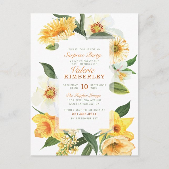 Postal De Invitación Moda Primavera Amarilla Daisies Fiesta Floral Surp (Anverso)
