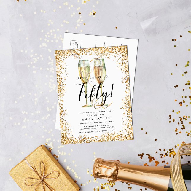 Postal De Invitación Moda Purpurina de Oro 50 cumpleaños (Subido por el creador)