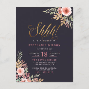 Postal De Invitación Moda Purpurina Gold Script Sorpresa Floral Cumplea