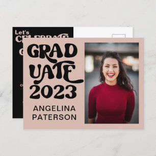 Postal De Invitación Moda retro foto Fiesta de graduados negro y rosa