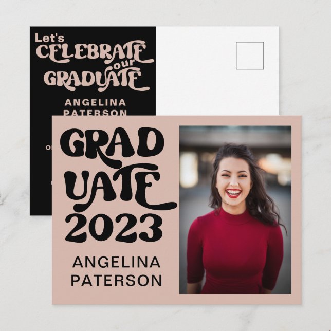 Postal De Invitación Moda retro foto Fiesta de graduados negro y rosa (Anverso / Reverso)