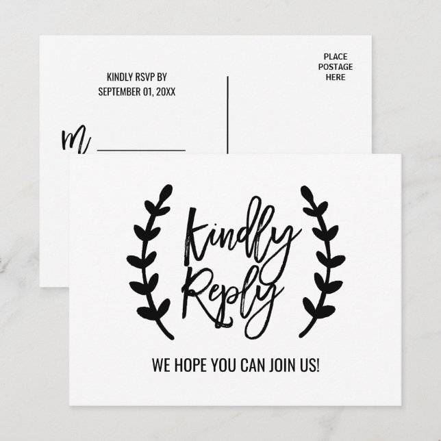 Postal De Invitación Moda RSVP Canción de ramas de olivo blanco negro (Anverso / Reverso)