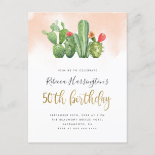 Postal De Invitación Moda Rubor Acuarela y Cactus 50 cumpleaños