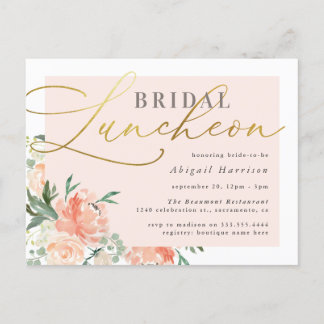 Postal De Invitación Moda Rubor & Gold Script Floral Bridal Luncheon