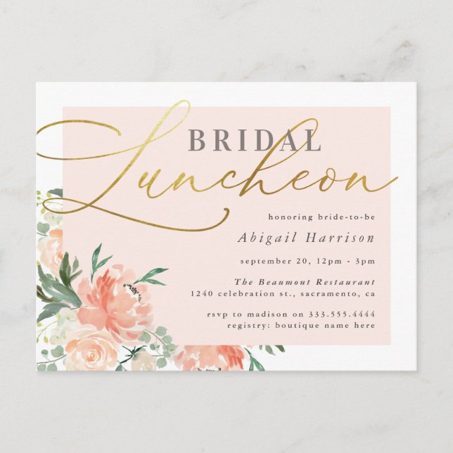 Postal De Invitación Moda Rubor & Gold Script Floral Bridal Luncheon (Anverso)