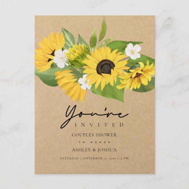 Postal De Invitación Moda rústica girando girasoles Kraft Ducha de la p (Anverso)