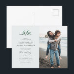 Postal De Invitación Moda Simple Azul y Verde Rama Boda Foto<br><div class="desc">Este minimalista diseño boda es perfecto para esa pareja moderna que busca algo único. Esta invitación postal incluye una rama acuarela con una preciosa tipografía moderna debajo y una foto de su propio personalizado en el lado derecho contra un fondo azul pastel. En la parte posterior, un lavabo de color...</div>