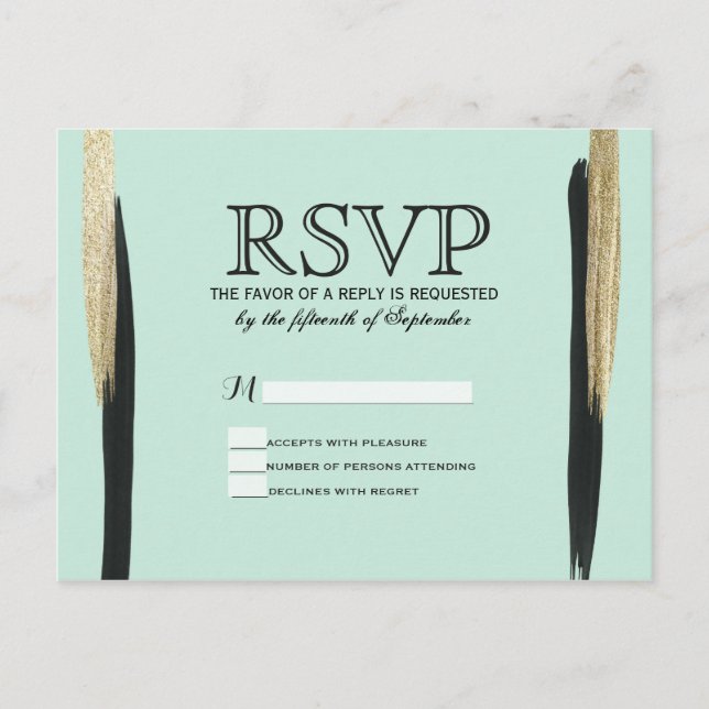 Postal De Invitación Moda Swanky Faux Gold y pinceles negros (Anverso)