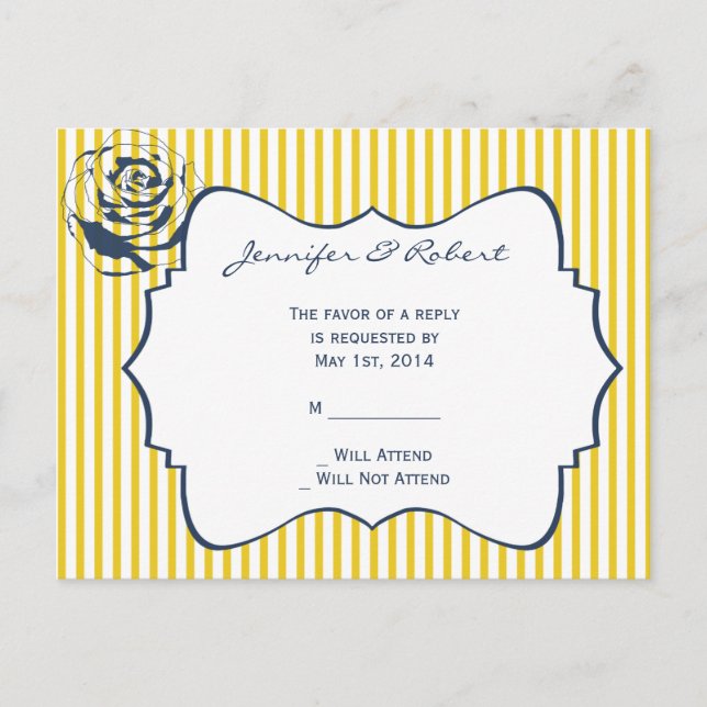 Postal De Invitación Modern Blue Yellow Stripe Wedding RSVP (Anverso)