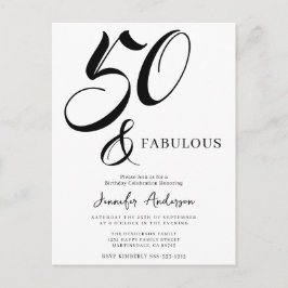 Postal De Invitación Modern Elegant Black White Fifty Fabulous Birthday