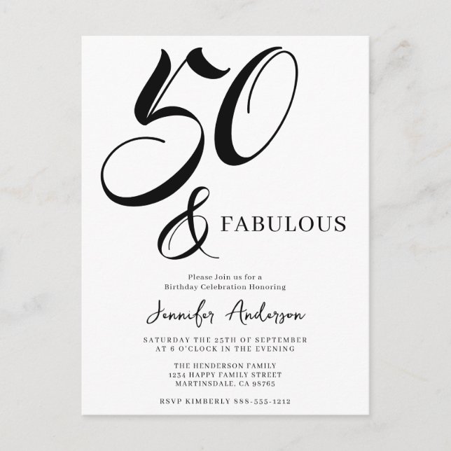 Postal De Invitación Modern Elegant Black White Fifty Fabulous Birthday (Anverso)