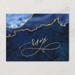 Postal De Invitación Modern Gold Blue Marble Agate Wedding RSVP