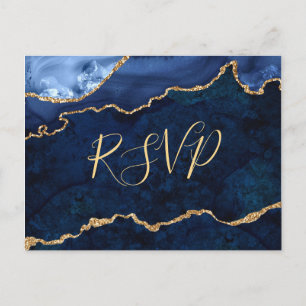 Postal De Invitación Modern Gold Blue Marble Agate Wedding RSVP