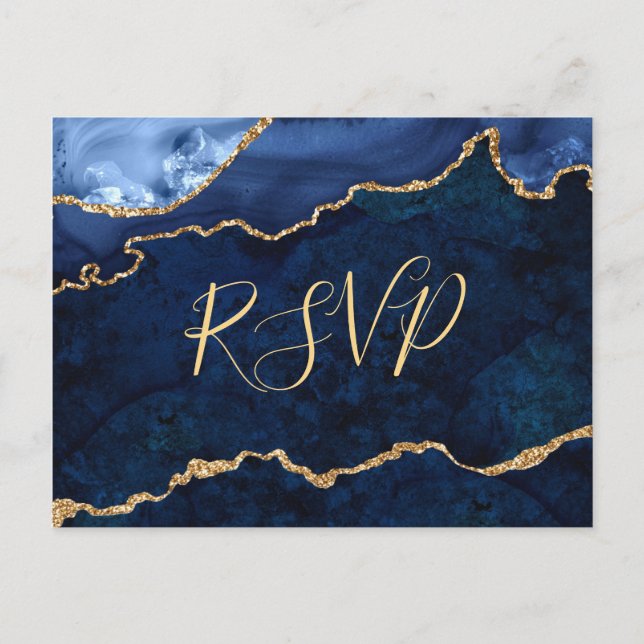 Postal De Invitación Modern Gold Blue Marble Agate Wedding RSVP (Anverso)